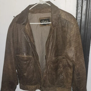 Brown leather bomber coat